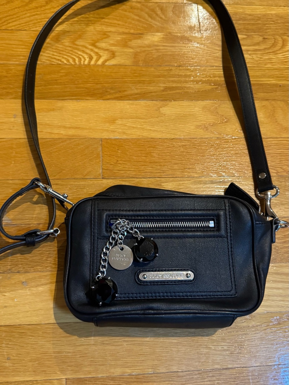 Vintage early 2000s Juicy Couture black leather crossbody with charm accents